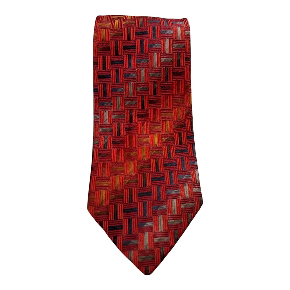 Roundtree And Yorke Silk Hand Finished Tie Red With Multicolor Geometric Print